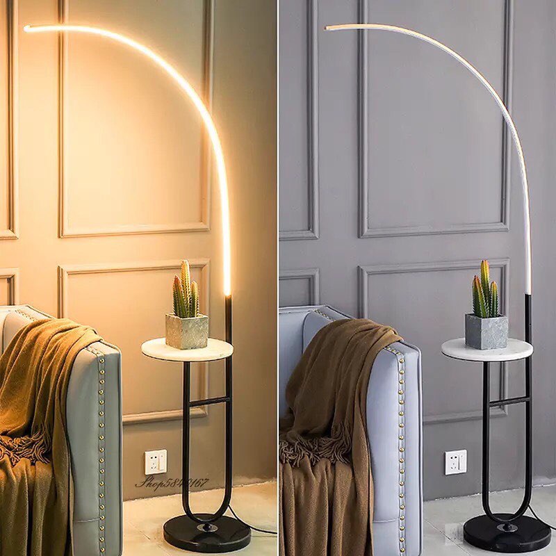 Curved LED floor lamp marble shelf, marble base three colors