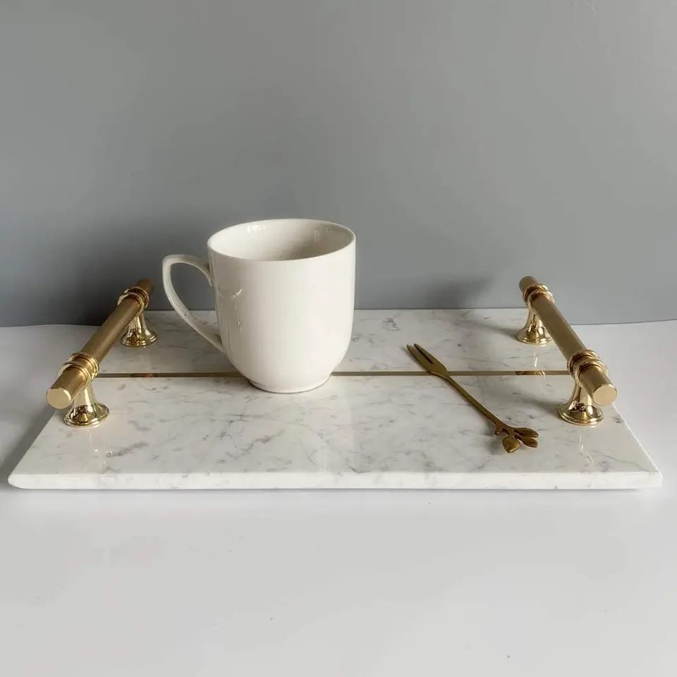 Gold line rectangular marble tray